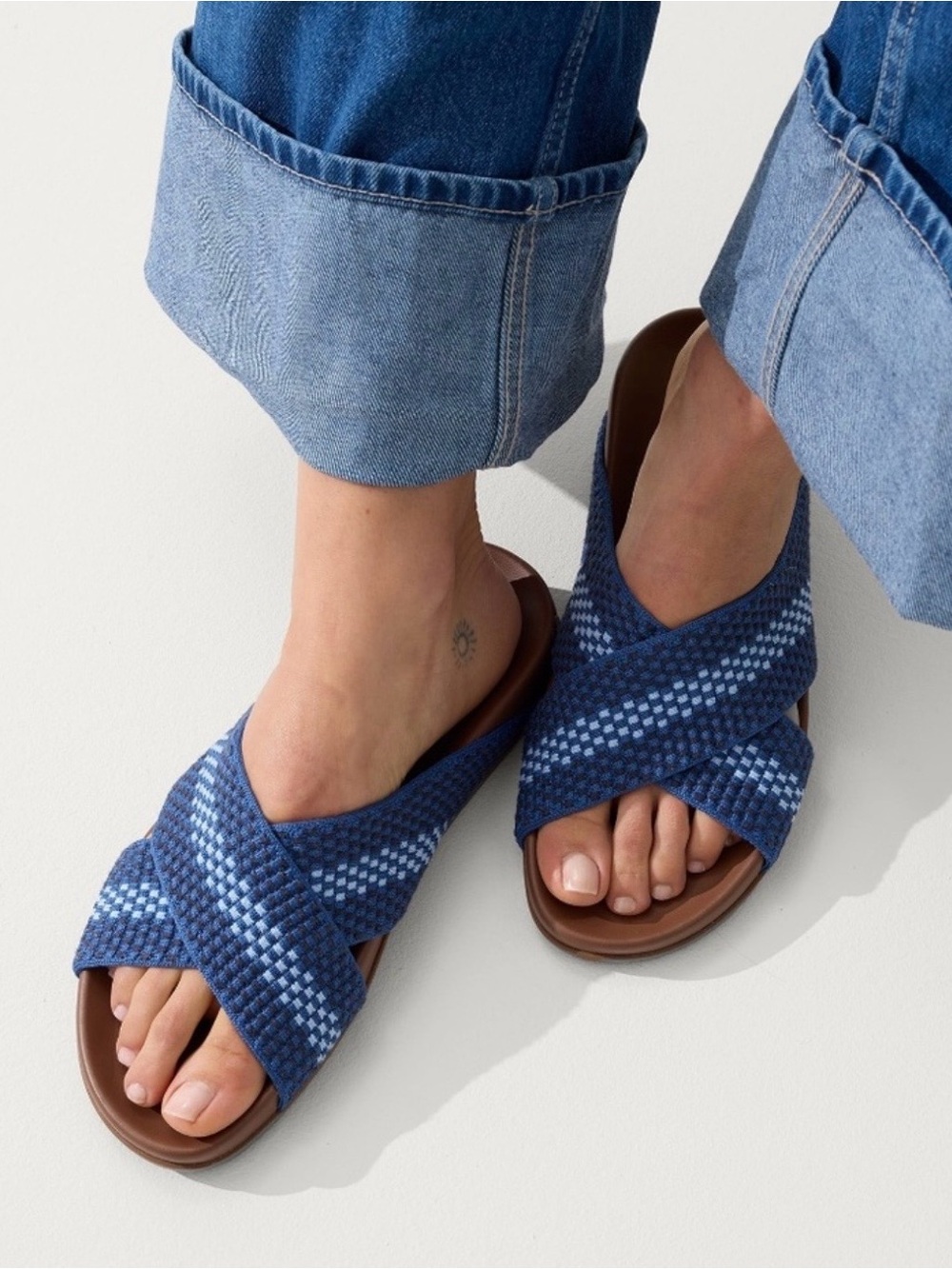 Rothy's Navy and Light Blue Crisscross Slide Sandals